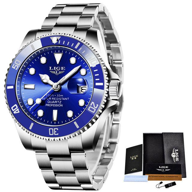 LIGE Fashion Men Watch Top Brand Luxury Stainless Steel Watches Waterproof Luminous Quartz Wristwatch